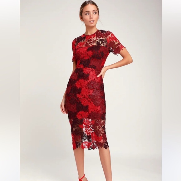 Lulus Season Of Joy Red Multi Lace Midi Dress - Size XS - Picture 1 of 5